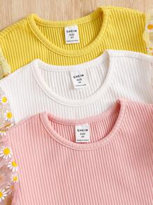 SHEIN Leap Crew 3 Piece Set: Young Girl Solid Color Knit Round Neck T-Shirt With Woven Mesh Sleeves - Multicolor - View 3