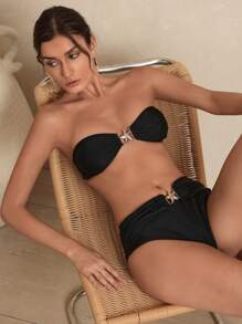 SHEIN Swim Damen Bikini-Set Bademode mit Seestern Dekor, Bandeau-Stil, für Sommer Strandurlaub - Schwarz - Übersicht 5