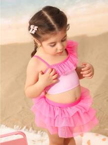 Young Girl Solid Color Patchwork Minimalist Bikini Top And Bottom Swimming Suit Set