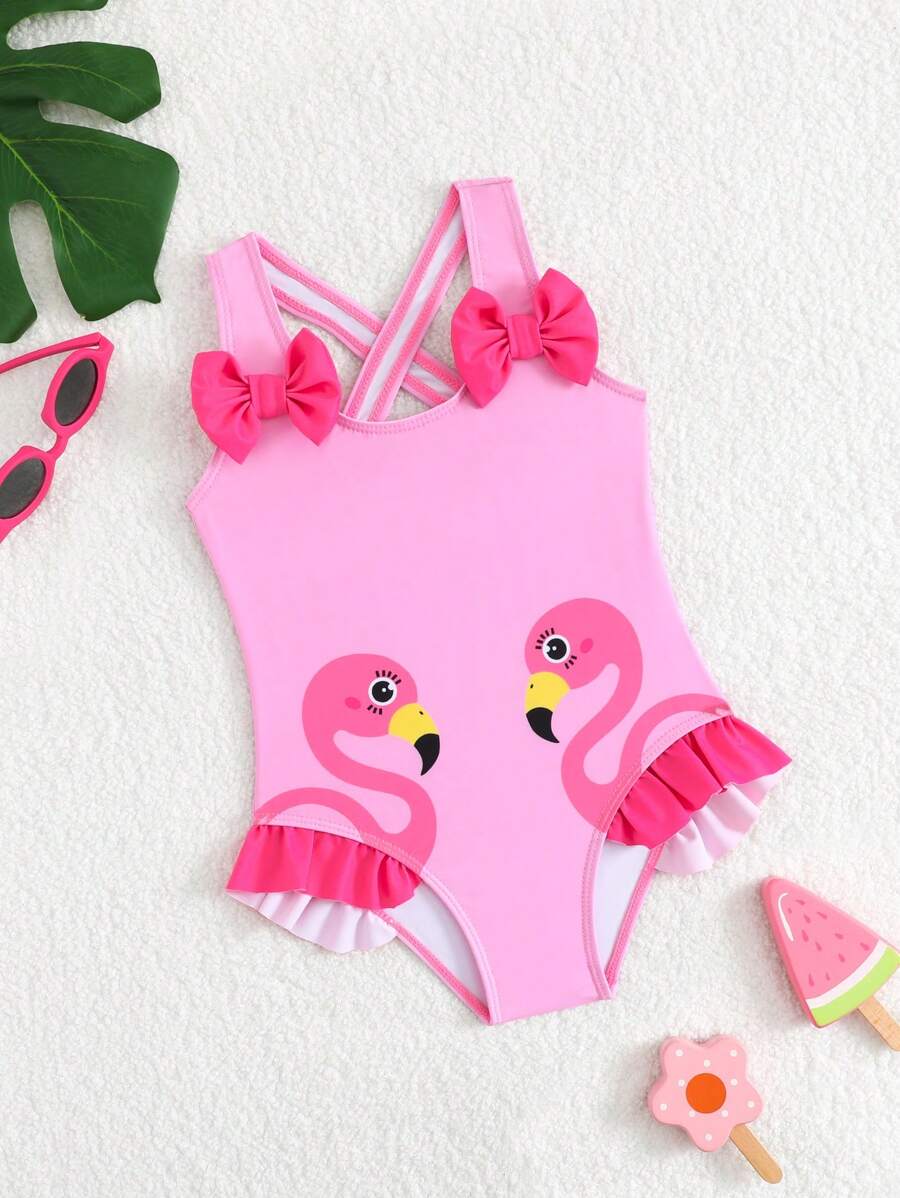 Young Girl Flamingo Print Ruffled One-Piece Swimsuit, Cute One-Piece Bathing Suit - Pink - View 1