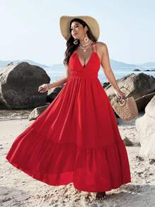SHEIN Clasi Vestido de playa estilo maxi de talla grande sin espalda con escote de halter en unicolor - Rojo - Ver 2