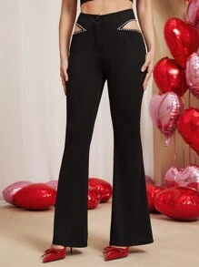 Chiquease Women's Black Hollow Out Rhinestone Decorative Casual Pants, Minimalist Fashion For Everyday Wear Fall Cloth For Women