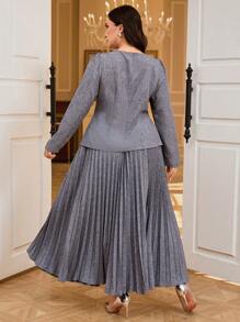 Modelyn Bộ 2 món áo tay bồng và chân váy xếp ly thanh lịch cỡ lớn khi đi làm - Màu xám đen - Xem 2