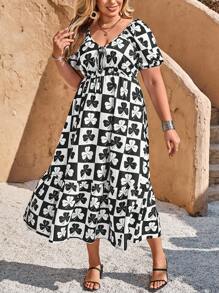 SHEIN Clasi Plus Size Women's Elegant Black & White St. Patrick's Day Clover Puff Sleeve A-Line Midi Dress, Spring/Summer - Black and White - View 1
