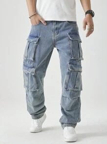 Chillumni Men's Casual Washed Straight Leg Cargo Jeans