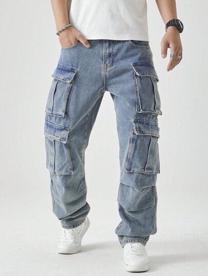 ÉpureWay Men's Casual Washed Straight Leg Cargo Jeans