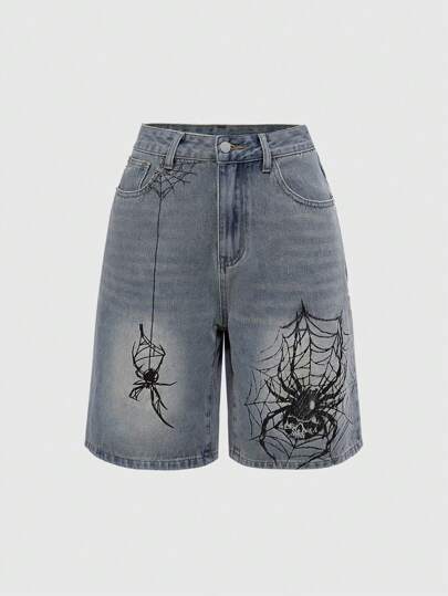 ROMWE Grunge Punk 女士黑色蜘蛛印花口袋休闲牛仔裤