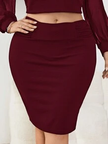 SHEIN Tall CURVE Plus Size Women's Solid Color Ruffle Bodycon Skirt - Burgundy - View 6