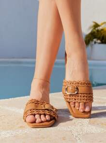 Styleloop Women's Slip-On Square Toe Mule Shoes, With Rhinestone & Pearl Decor, Fashion Versatile Beach Vacation Sandals - Brown - View 12