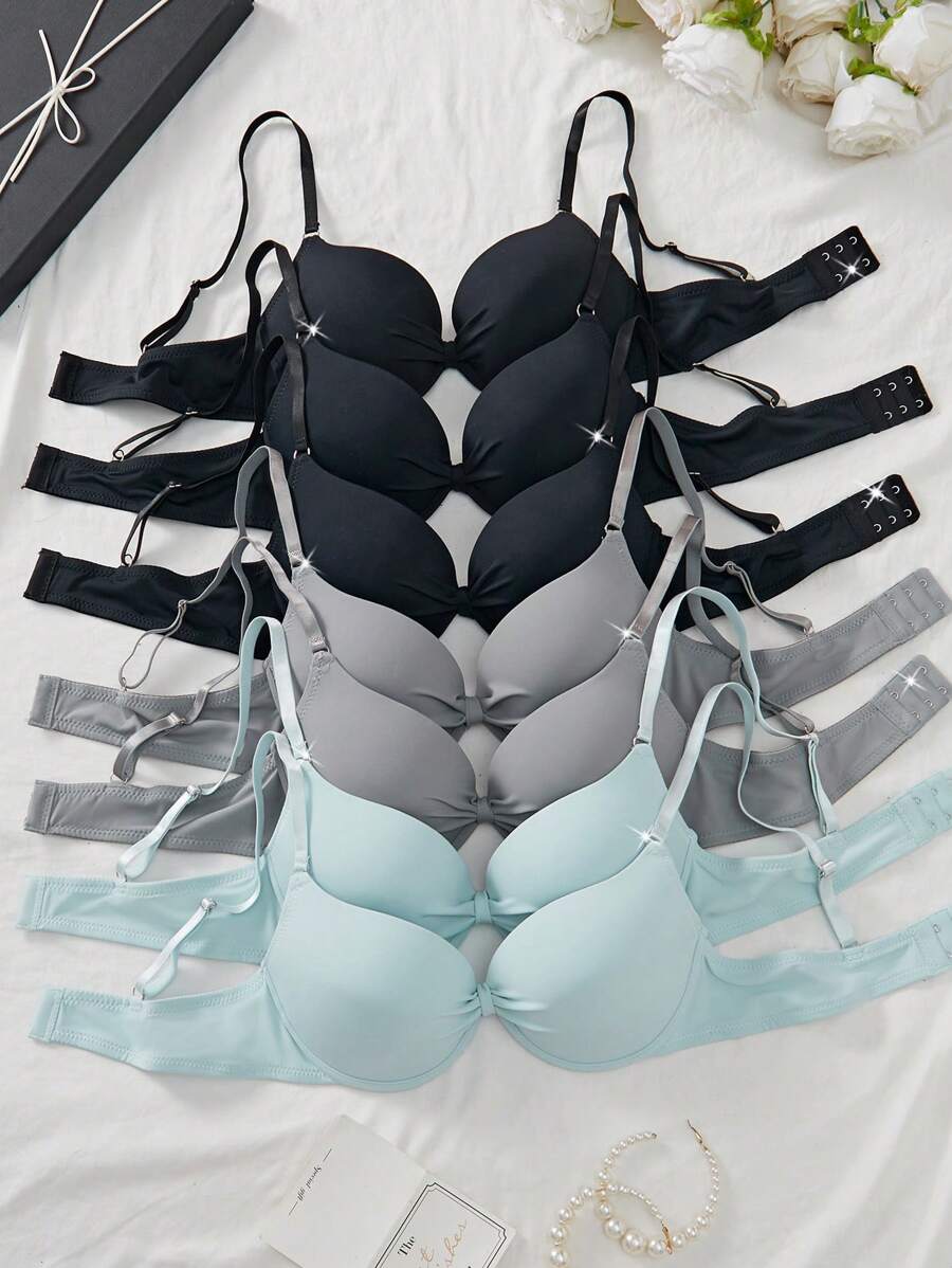7 Pcs Women Simple Casual Comfortable Supportive Wire-Free Bras, Solid Color Sexy Lingerie - Multicolor - View 1