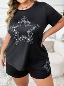 休闲简约渐变色星星印花圆领短袖短裤睡衣休闲套装 - 黑色 - 查看 3