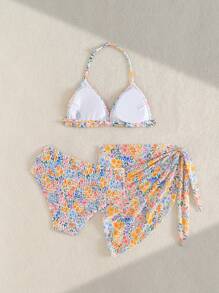 SHEIN Bộ đồ bơi bikini in hoa 3 món cho bé gái tuổi mới lớn, kèm khăn tam giác lưới và váy - Nhiều màu - Xem 2