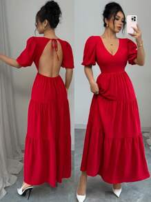 Chiquease Fashionable Everyday V-Neck Tied Backless Ruched Layered Dress For Women