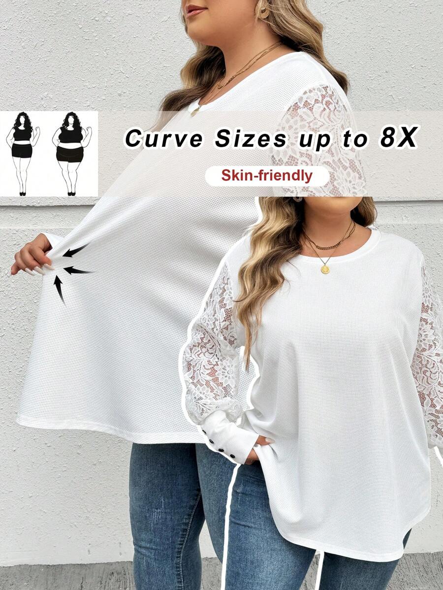SHEIN CURVE+ Blusa elegante de manga larga con cuello redondo y encaje en contraste para mujeres talla grande, para primavera y otoño, blusa blanca de talla grande para uso casual, de fiesta o de negocios con detalles de lentejuelas - Blanco - Ver 1