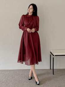 DAZY 女士宽松中长款系带派对连衣裙，秋季连衣裙长袖连衣裙红色女士连衣裙 - 酒紅色 - 查看 3