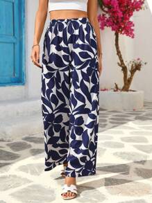 Vivid Eden 女式弹性腰部休闲印花宽松阔腿裤度假 - 藍白色 - 查看 6