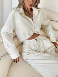 SHEIN Essnce Áo sơ mi nữ hở vai dài tay màu trơn cài khuy đơn cắt cúp - trắng - Xem 7