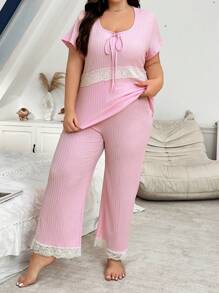 Conjunto de pijama de talla grande de pantalón y top de punto de unicolor con dobladillo de encaje para verano - Rosa - Ver 5