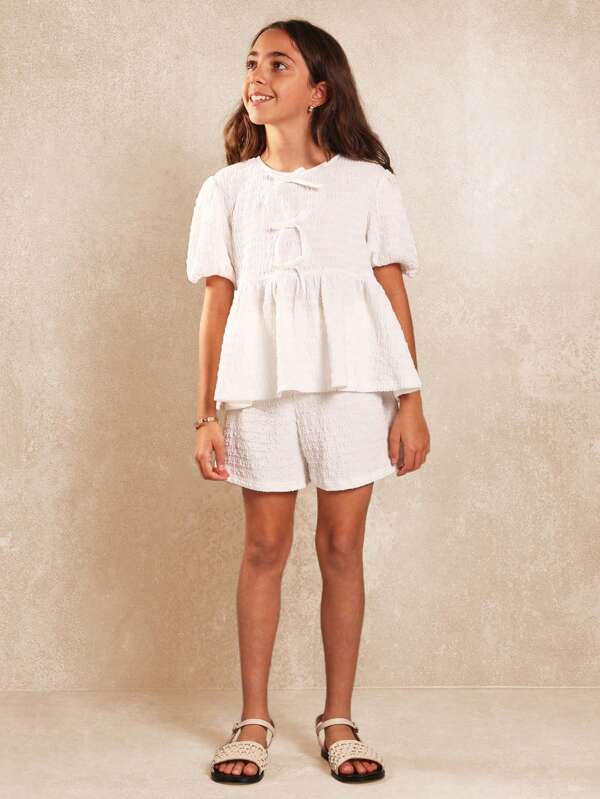 SUMWON Sommerliches Koordinationsset mit Schmetterlingärmeln aus Seersucker-Stoff mit Schleife, zweiteiliges Set, süße Boutique, Frühlings-Resort-Loungewear