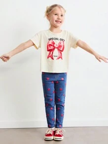 SHEIN Young Girls' Oversized Crew Neck Bow & Heart Print Pullover T-Shirt, Loose Fit, For Valentine's Day, Spring - Beige - View 3
