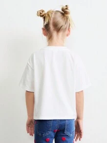 SHEIN Girls Sequined Heart & Letter Print Round Neck Batwing Short Sleeve White T-Shirt, Suitable For Valentine's Day And Spring