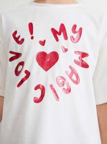 SHEIN Girls Sequined Heart & Letter Print Round Neck Batwing Short Sleeve White T-Shirt, Suitable For Valentine's Day And Spring
