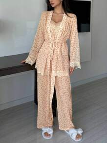 DAZY Conjunto de pijama de 3 piezas con bata, camiseta y pantalón largo con estampado de leopardo y encaje para damas