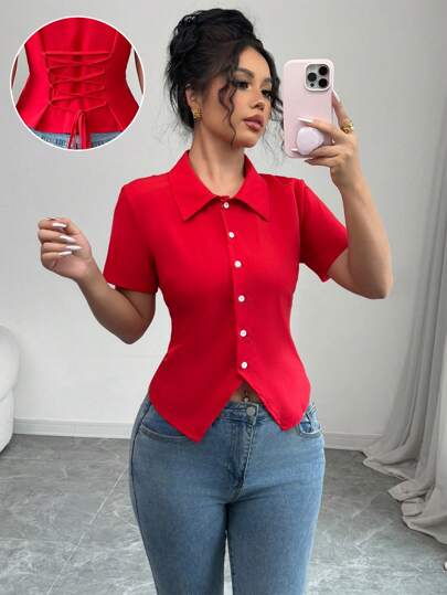 Selianne Blusa roja plisada con cuello, cintura ceñida, mangas farol, diseño retro y versátil para mujer