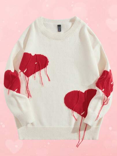 Street Life Men's Casual Pullover Sweater With Heart Pattern Round Neckline, School