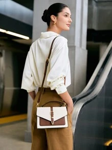 女士腰带装饰翻盖手提包斜挎包，撞色圣诞冬季圣诞礼物 - 咖啡棕 - 查看 5