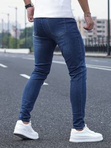 Manfinity Homme 大码男式口袋紧身休闲百搭牛仔裤 - 中等水洗藍 - 查看 2