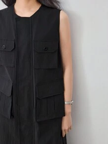 Dazy-Less Vestido camisero holgado de un solo color con bolsillo de carga y abertura, estilo casual de negocios para mujer, vestido de verano