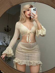 Swim Mod Summer 4pcs Women Lace Neck Tie Bikini, Sheer Long Ruffle Sleeve Cover Up Set - Apricot - View 1