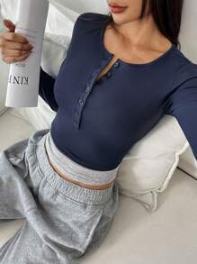 Women's Colorblock Button Half Placket Long Sleeve Casual T-Shirt Fall Cloth For Women - Navy Blue - View 6