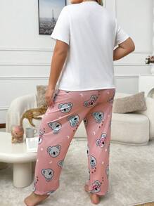 Cute Plus Size Koala Graphic White Top And Koala Print Coral Pink Pants Set, Lounge Wear
