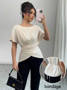 Selianne 新款女式短袖衬衫，收腰交叉设计，法式修身圆领衬衫，百搭办公/休闲装 - 杏色 - 查看 3