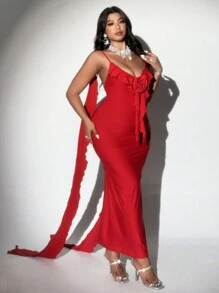 Viva Relle Vestido de tirantes con escote en V y volantes para mujer talla grande, romántico para citas de San Valentín, fiestas y días festivos
