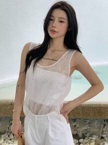 DAZY Women Casual Solid Color Lace Loose Camisole Tank Tops - White - View 4
