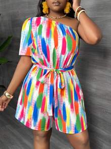 Slaydiva Plus Size Women Asymmetric Shoulder Colorful Waist Drawstring Jumpsuit - Multicolor - View 3