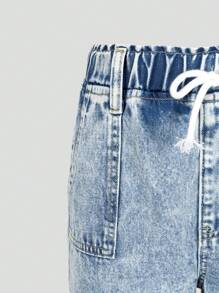 Tween Girls' Casual Light Blue Elasticated Waist Bow Decor Denim Wide Leg Jeans With Pockets - Light Wash - View 6