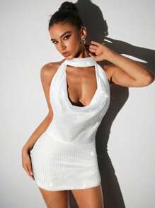 Aloruh Damen Einfarbiges Mini-Kleid mit Drapierung am Ausschnitt, einfacher, stilvoller Lässig-Alltagslook