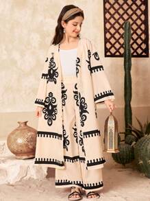 SHEIN 2pcs/Set Tween Girl Loose Casual Pattern Front-Opening Top & Pants Set - White - View 4