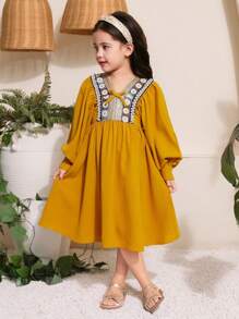 SHEIN Patch Tape Embellished Long Sleeve A-Line Dress, Vacation Look For Young Girls - Yellow - View 5
