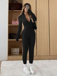 Muchica Women Rib-Knit Brushed Zip-Up Jumpsuit - Black - View 1