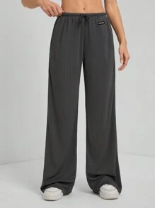 SHEIN Tall Quần ống rộng dệt kim họa tiết thêu chữ cho nữ - Xám - Xem 3