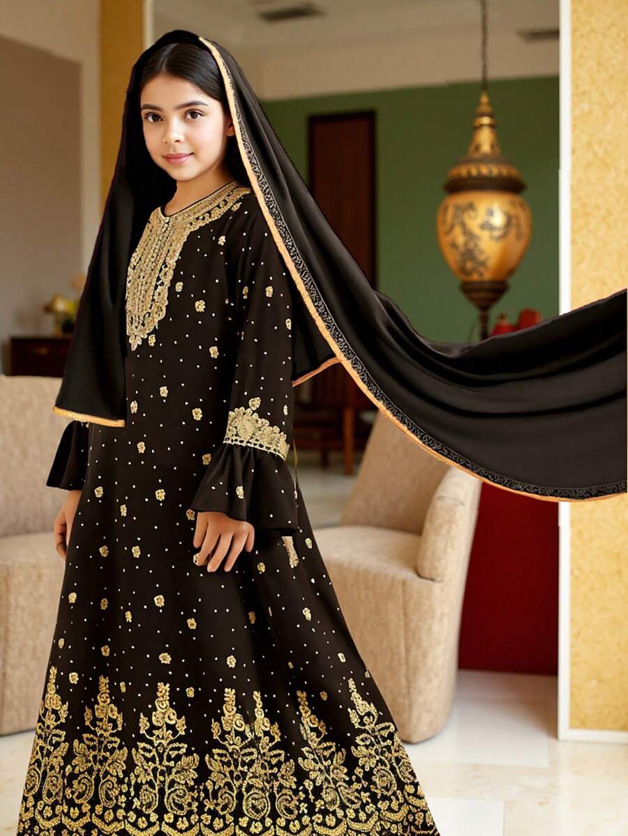 Tween Girls V-Neck Long Sleeve Graphic Detail Minimalist Long Dress - Black - View 1