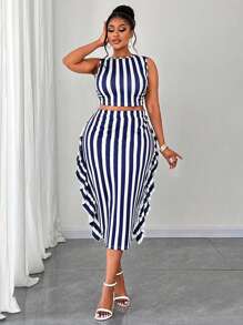 Maweii 大码夏季优雅休闲无袖条纹印花背心和紧身裙 2 件套