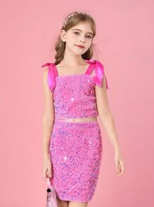 SHEIN Tween 女童夏季可爱粉色亮片吊带背心和松紧腰裙 2 件套 - 粉色 - 查看 1
