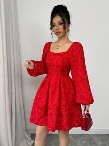 Modelyn Women's Red Textured Floral Embossed Mini Dress