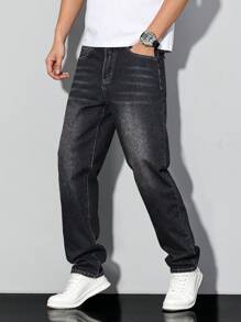 Manfinity Homme Men's Pocket Straight Loose Casual Versatile Jeans - Black - View 8